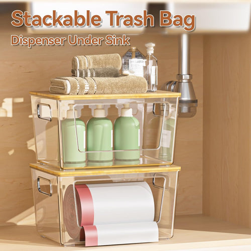 2 Pack Trash Bag Holder with Bamboo Lid, Stackable Trashbag Dispenser, Extra Large Garbage Bag Holder for Kitchen Laundry Room under Sink Organization and Storage
