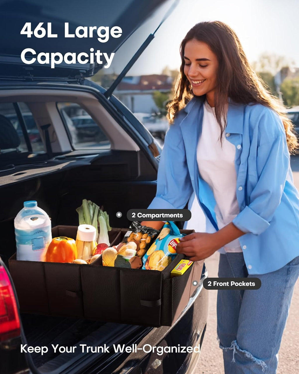 Trunk Organizer - Car Organizer, Foldable Trunk Organizer for Suvs & Sedans, Sturdy Car Organization for Car Accessories, Tools, Sundries, Black, 2 Compartments, 21.3"×12.6"×10.6"