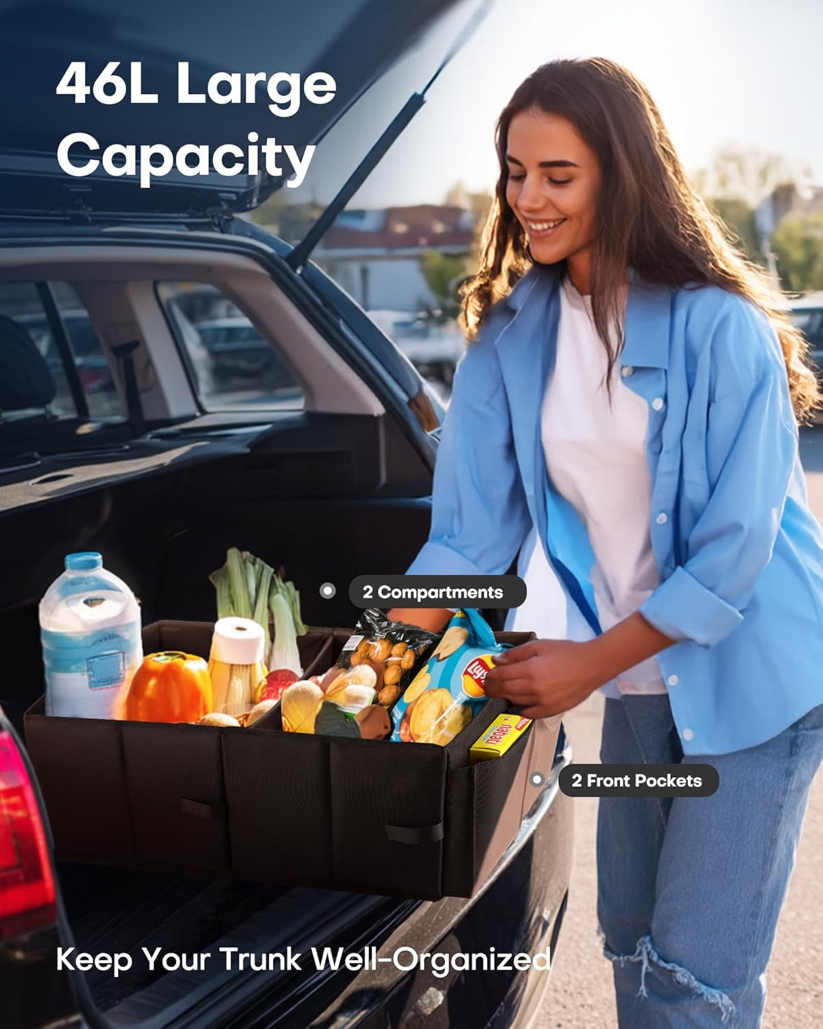 Trunk Organizer - Car Organizer, Foldable Trunk Organizer for Suvs & Sedans, Sturdy Car Organization for Car Accessories, Tools, Sundries, Black, 2 Compartments, 21.3"×12.6"×10.6"