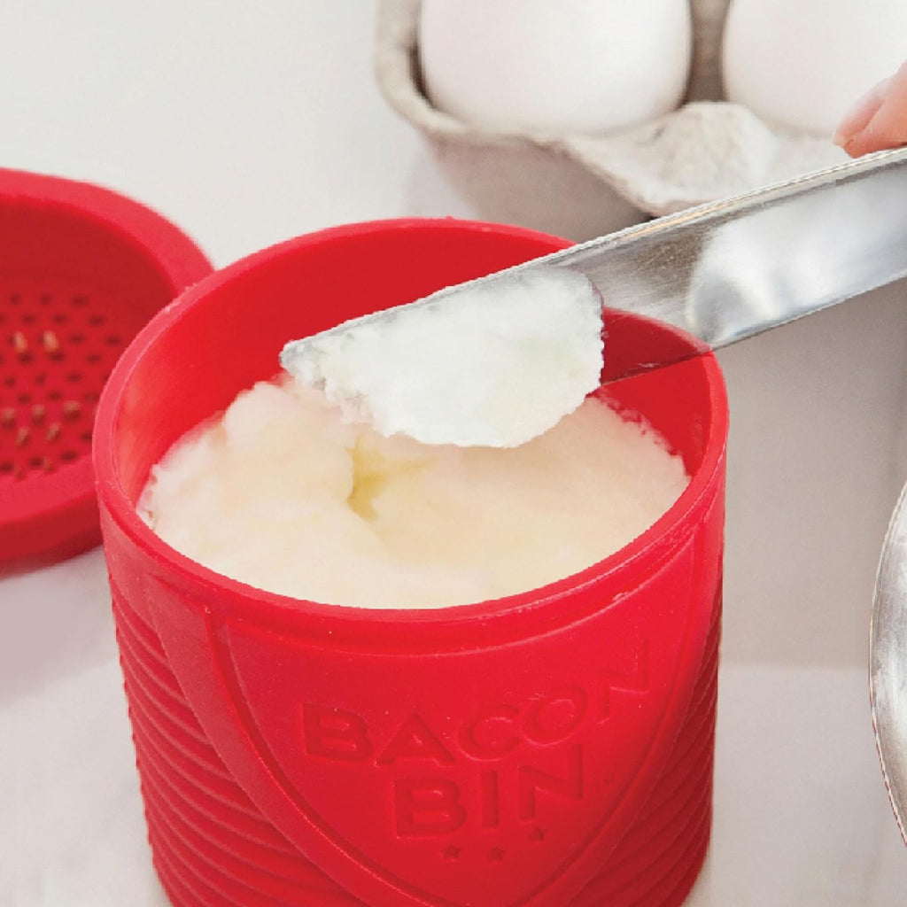 Bacon Bin Grease Strainer & Collector | Family Friendly Kitchen Tools | Fun & Functional Silicone Grease Container | Holds up to 1 Cup | Red