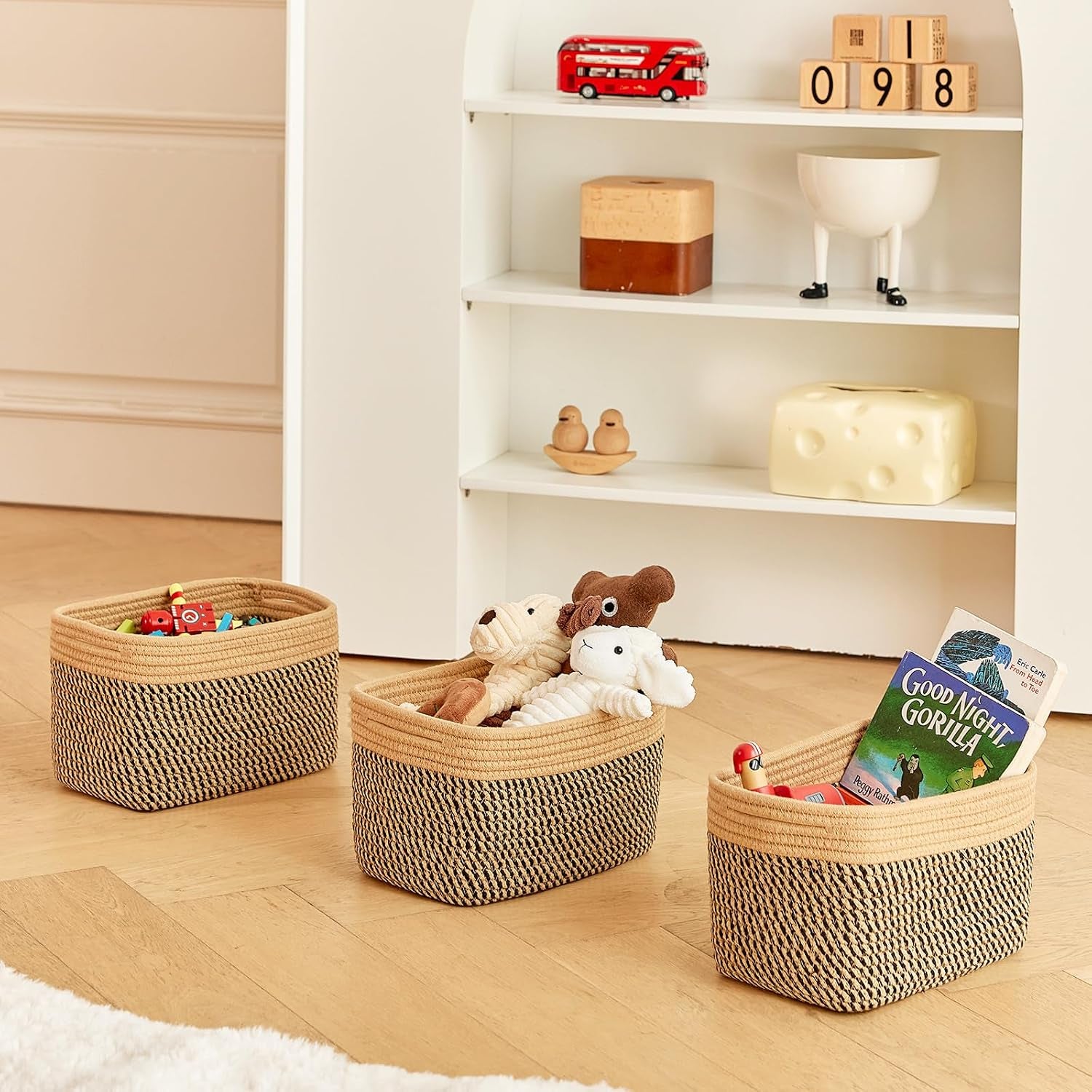 Small Cotton Rope Basket – Storage Bin for Organizing (10.6" X 6.7" X 6.7"), Bathroom Storage Basket for Shelf, Counter & Closet（Camel & Mixed Black）