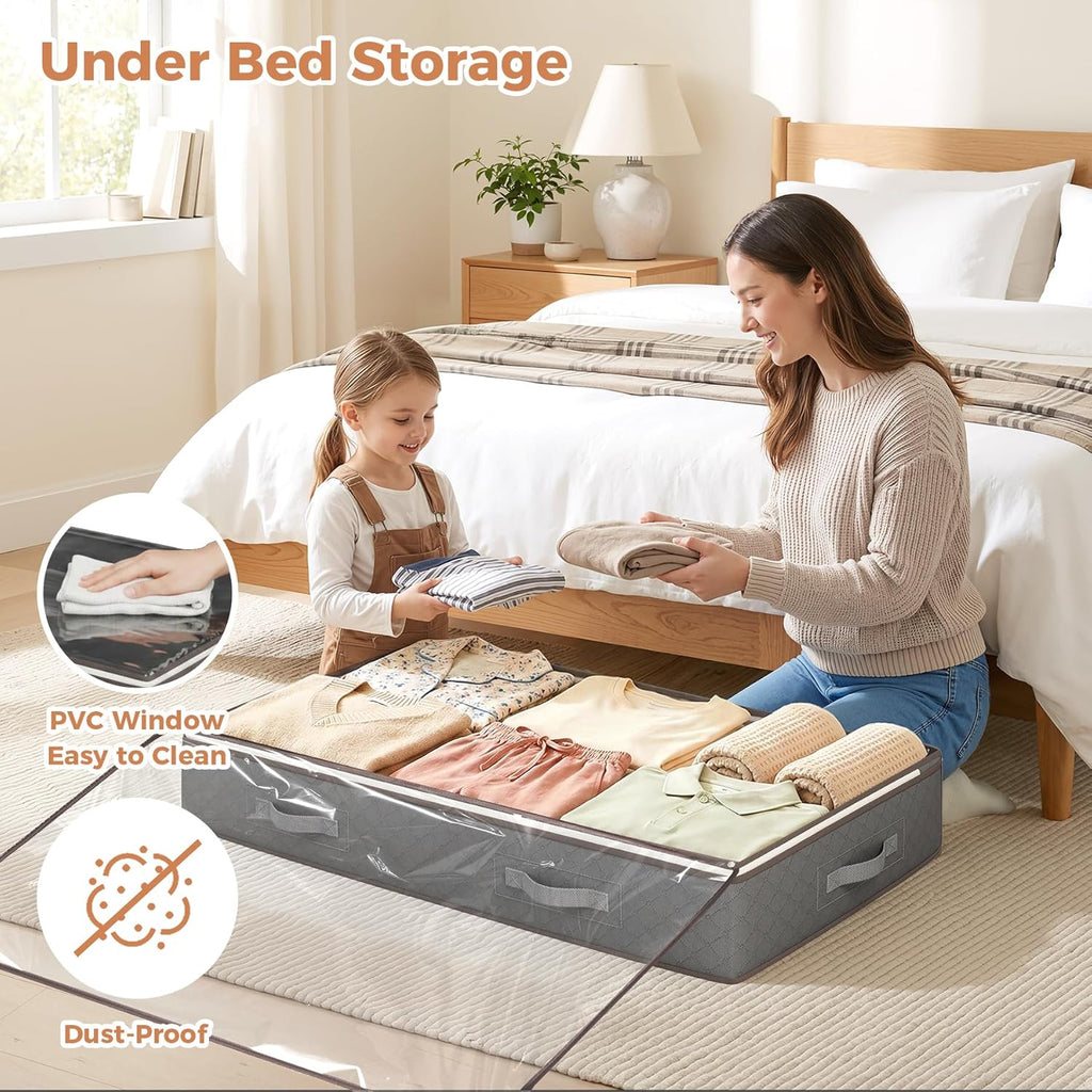 90L under Bed Storage Containers, Closet Organizers and Storage Bins, Foldable Underbed Storage Bags for Linen Sheets, Blanket, Clothing, Comforter, Sweaters, Pillows, Wrapping Paper, Grey