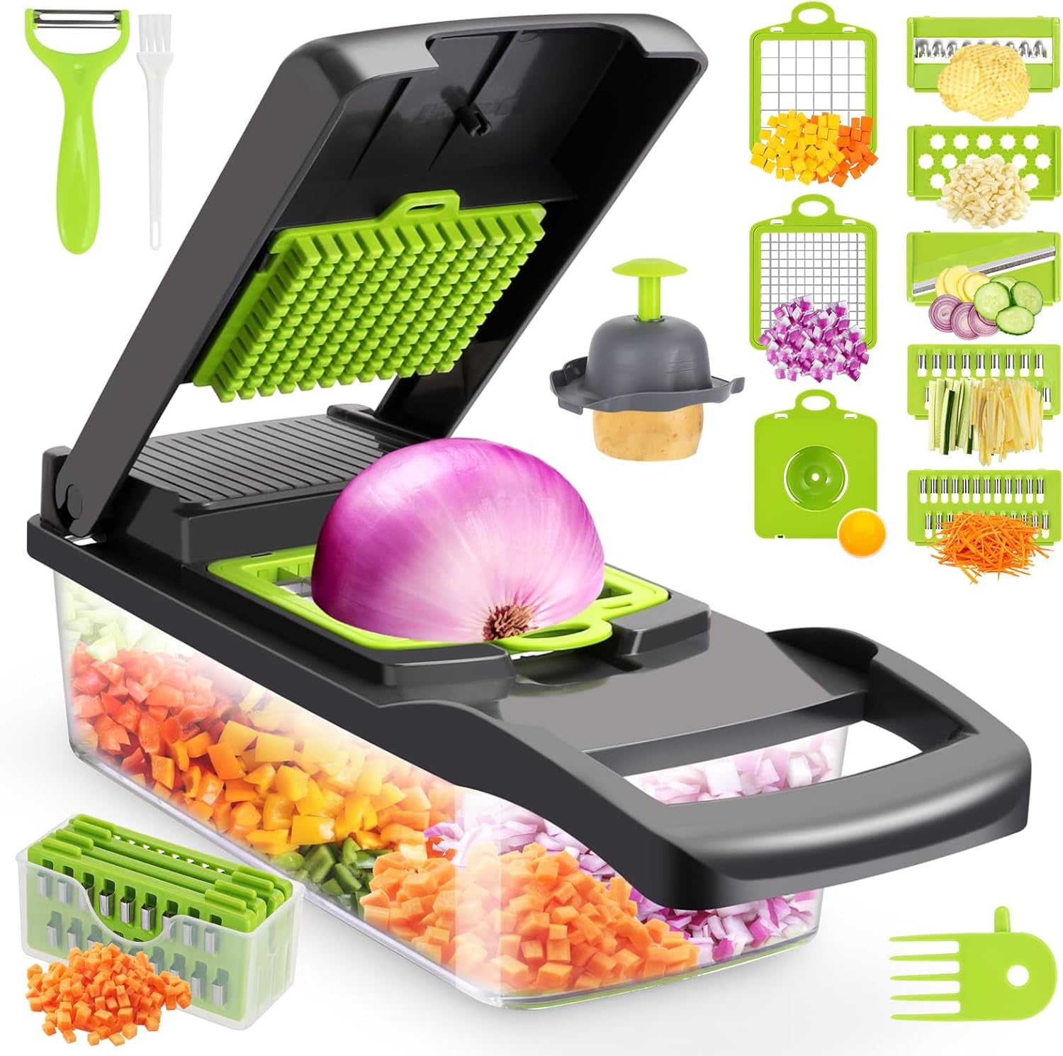 Vegetable Chopper, Multifunctional 13-In-1 Food Choppers Onion Chopper Vegetable Slicer Cutter Dicer Veggie Chopper with 8 Blades,Colander Basket,Container for Salad Potato Carrot Garlic