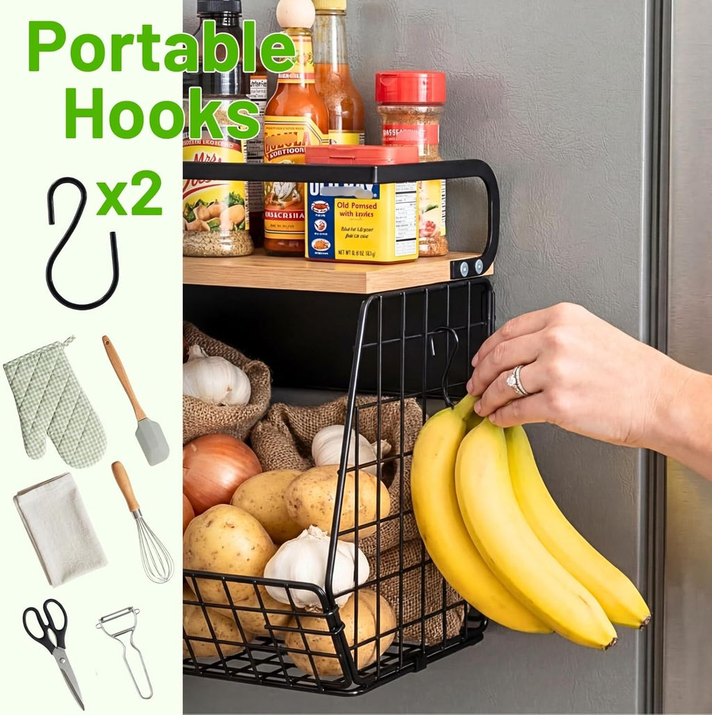 Magnetic Shelf for Fridge with Wood Lid, Fruit Potato and Onion Storage Bins, Pantry Organizers & Storage, Large Container Magnetic Spice Rack for Refrigerator, Kitchen Counter, Cabinet