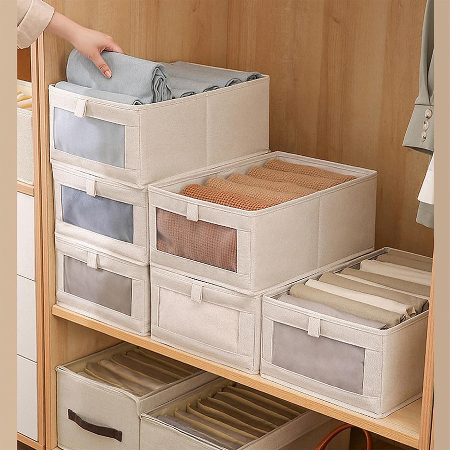 Linen Closet Organizers and Storage, 4 Pack Storage Bins Baskets for Organization Foldable Organizer with Clear Window Organizing Clothing, Jeans, Shelves