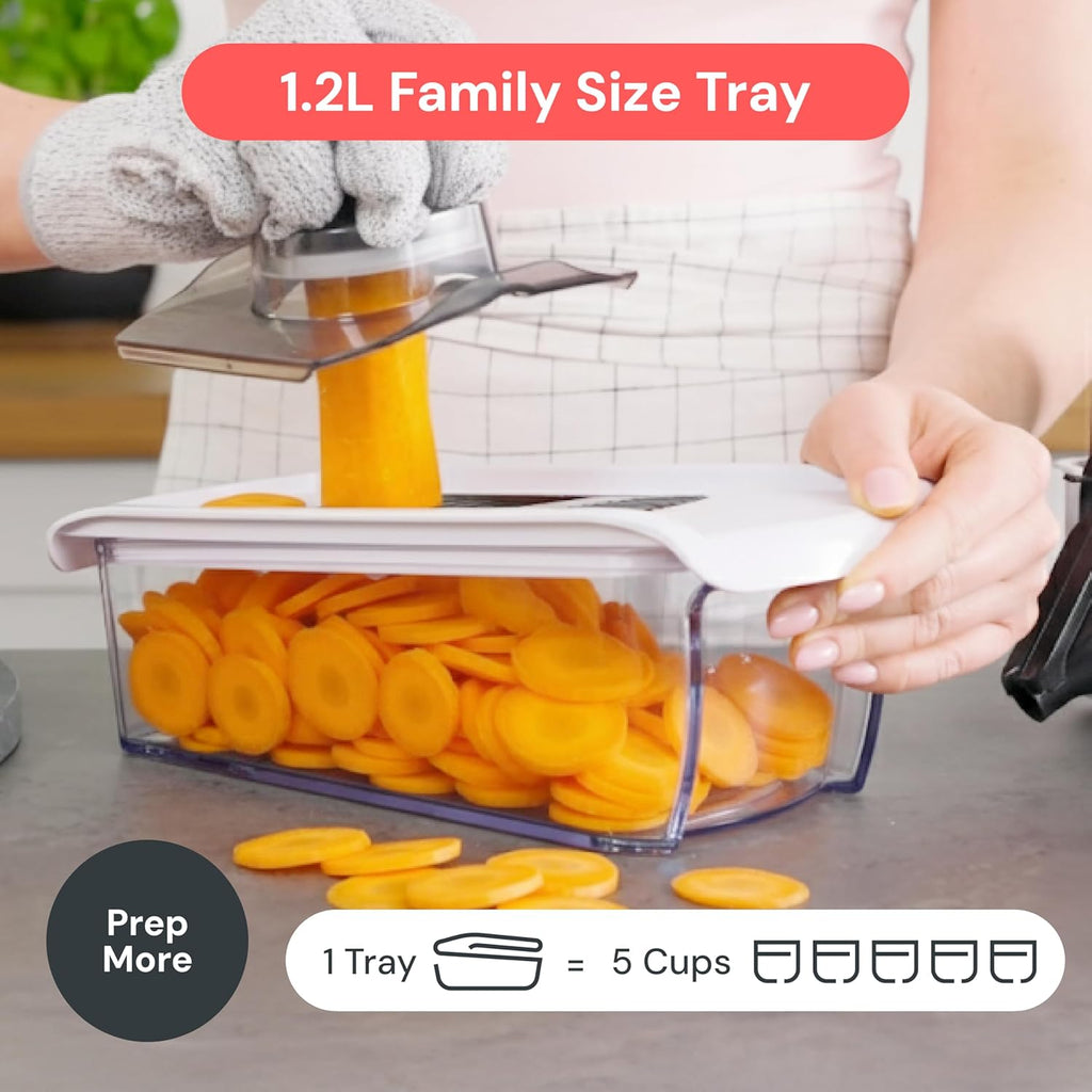 Mandoline Slicer for Kitchen, Fruit Cutter, Cheese Grater, Cucumber Slicer, Veggie Spiralizer, Food Cutter & Kitchen Gadgets & Gifts with Safety Glove (6 in 1, White)