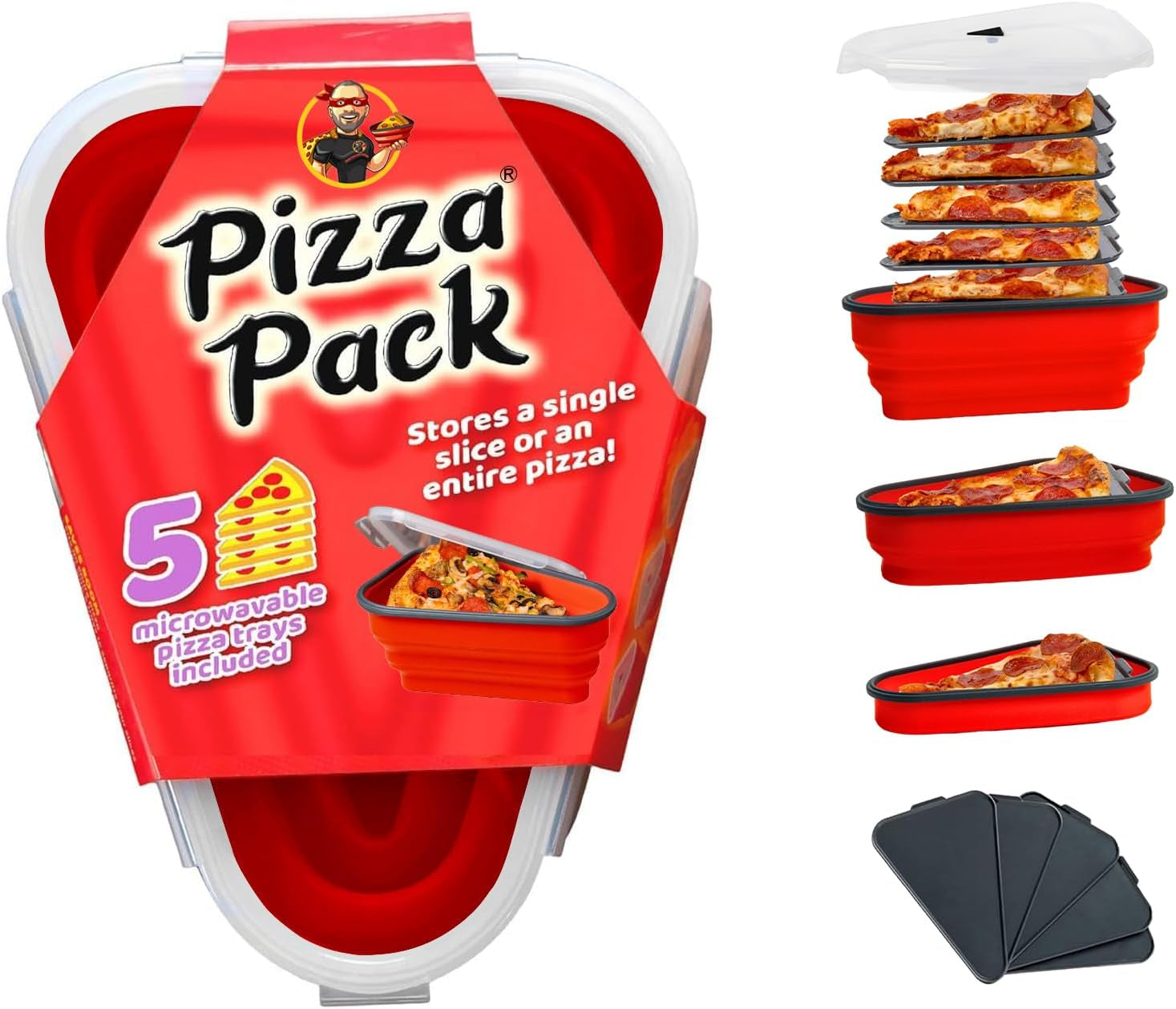 The Perfect ™ - Reusable Pizza Storage Container with 5 Microwavable Serving Trays - Bpa-Free Adjustable Pizza Slice Container to Organize & save Space, Red