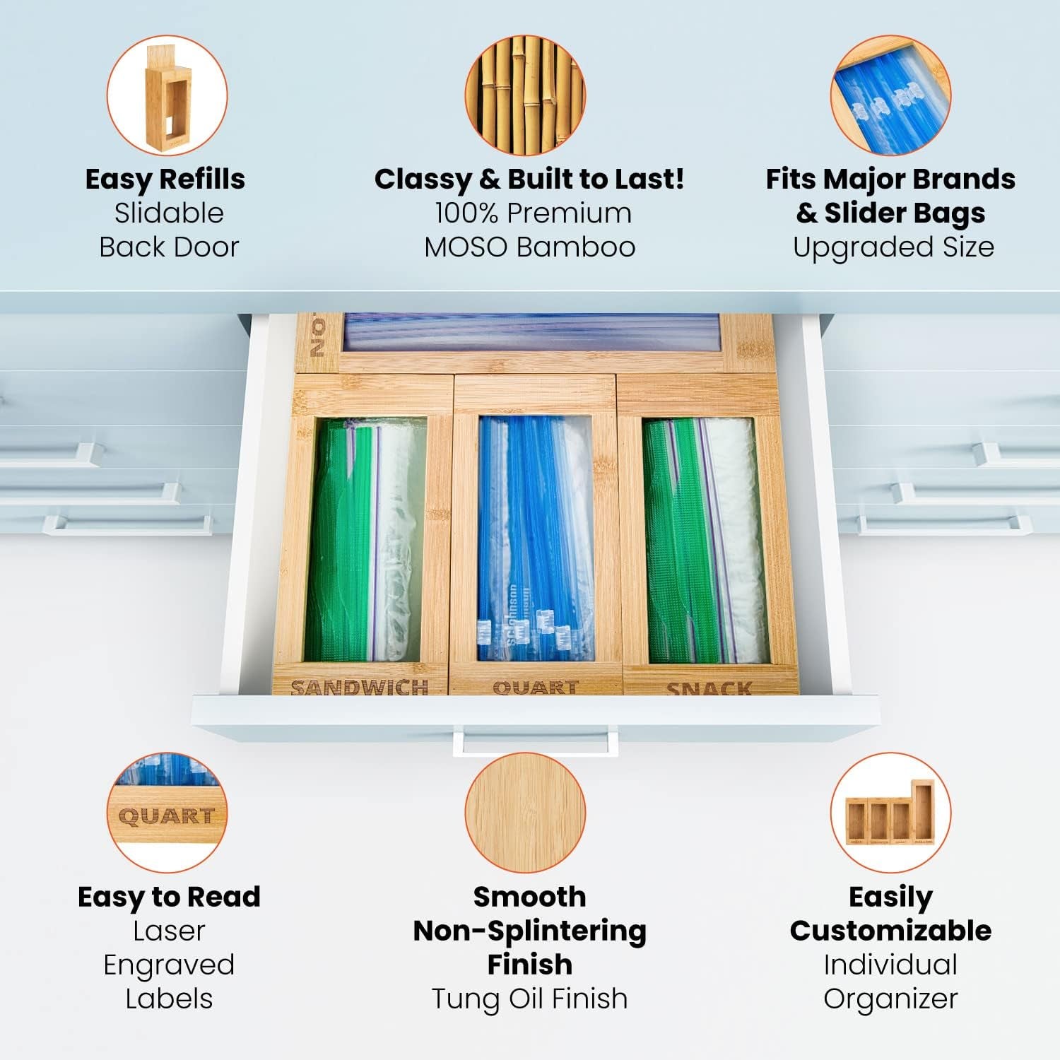 Mhomeaid Bag Storage Organizer - Bamboo Food Plastic Baggie Holder, Dispenser, and Container for Kitchen Drawer - Fits Ziplock and Ziploc Gallon, Quart, Sandwich & Snack Sized Slider Bags (Bamboo)