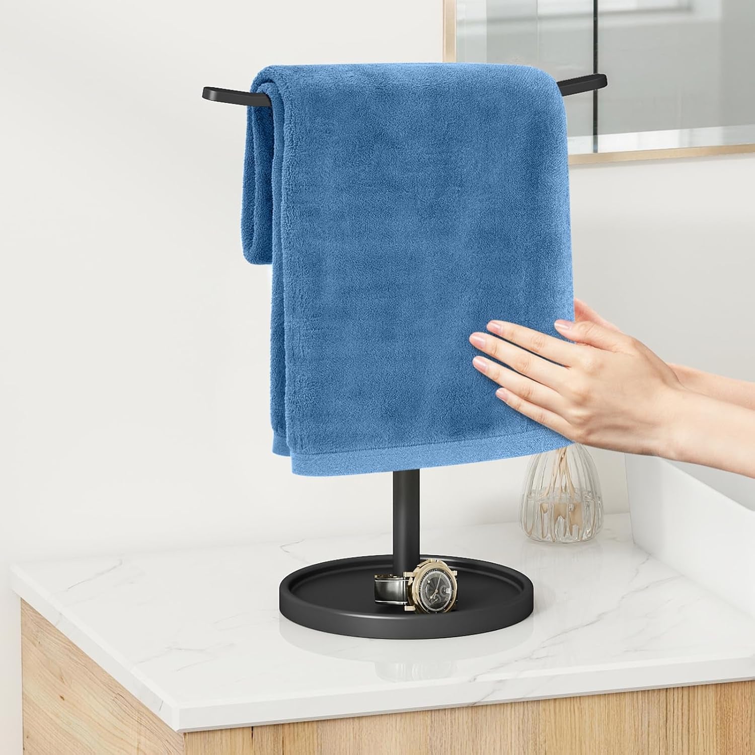 Hand Towel Holder, Stainless Steel Towel Holder Stand for Bathroom, Kitchen Countertop, T-Shaped Hand Towel Rack Stand, Black
