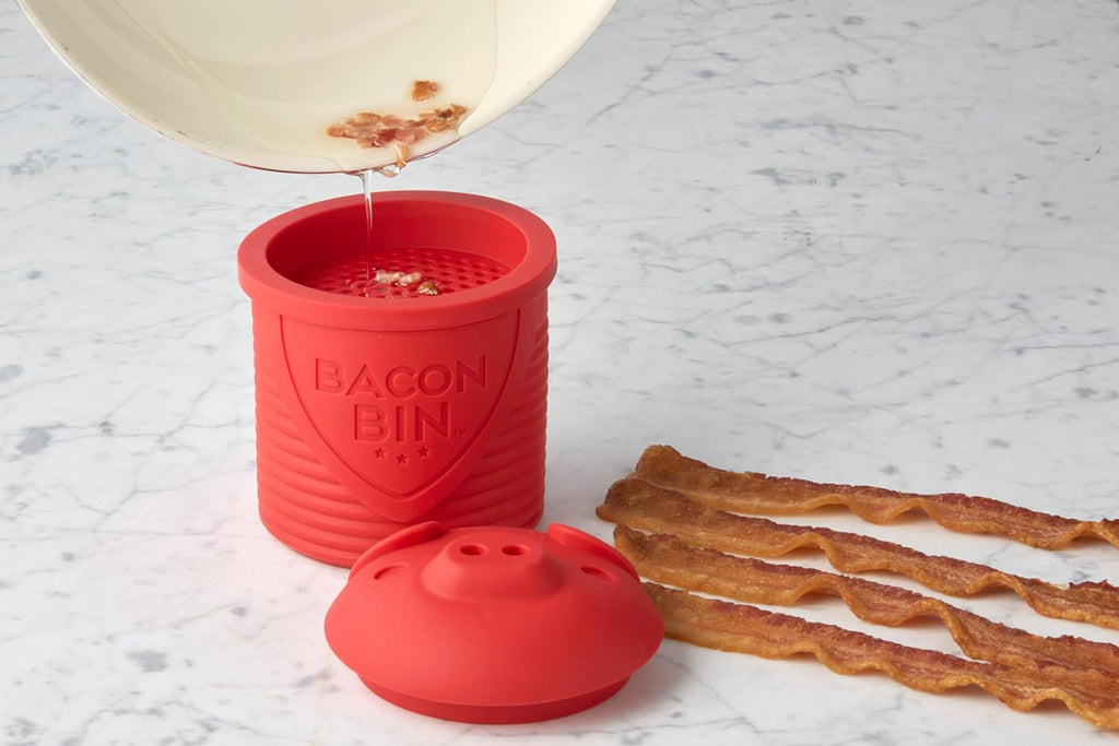 Bacon Bin Grease Strainer & Collector | Family Friendly Kitchen Tools | Fun & Functional Silicone Grease Container | Holds up to 1 Cup | Red