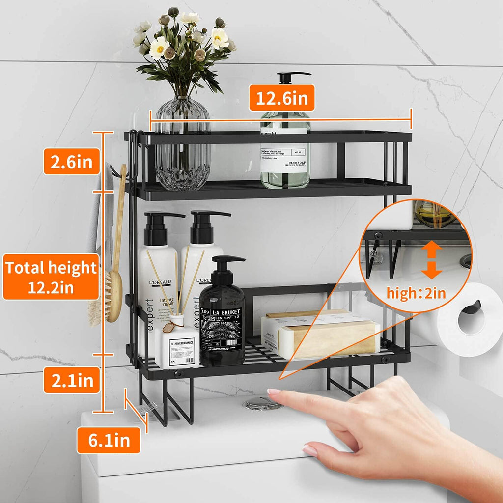 2-Tier over Toilet Storage Shelf, Wall-Mount with 2 Hook/Paper Rack | Bathroom Organizers and Storage Cabinet, Behind/Above/On/Top/Back Tank Shelves, Decor for Bathroom/Restroom/Kitchen/Bedroom