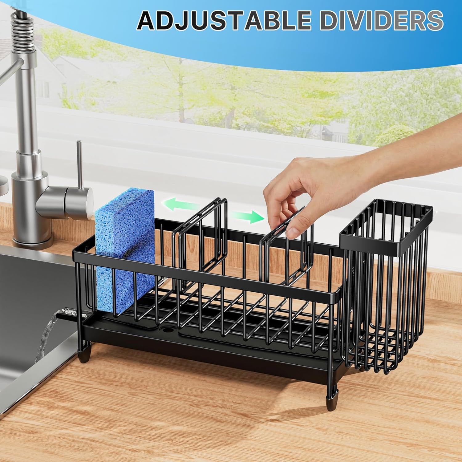 Sponge Holder for Kitchen Sink, Sink Caddy Organizer with High Brush Holder, Kitchen Countertop Organizers and Storage Essentials, Rustproof 304 Stainless Steel (Black, 9.25″)