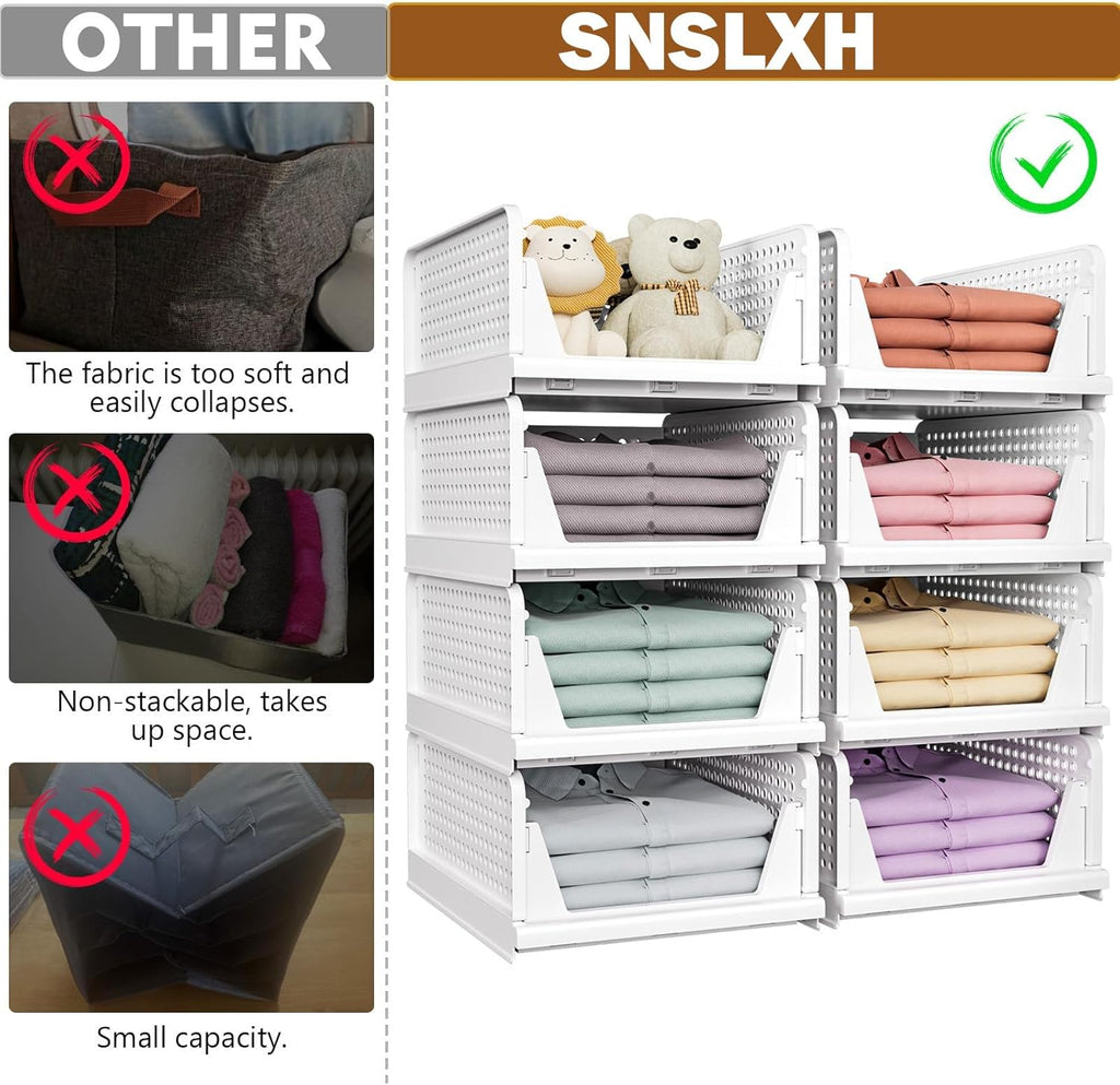 5 Pack Stackable Closet Storage Basket, Multifunctional & Foldable Closet Organizer for Bathroom Kitchen Laundry Room Wardrobe Storage, Space-Saving Clothes Storage Drawer Organizer, White