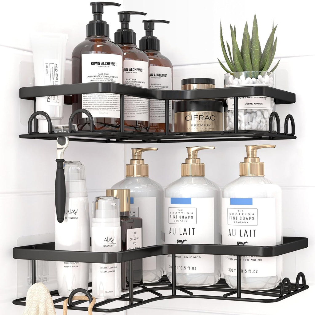 Corner Shower Caddy - 2 Pack, Adhesive Shower Organizers, Rustproof Stainless Steel Shower Shelves with 8 Hooks, No Drilling Bathroom Organizers and Storage Racks, Space-Saving, Black, Medium