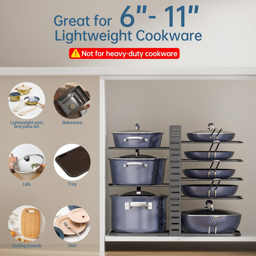 Pots and Pans Organizer under Cabinet 14.55" Height, Adjustable 8-Tier Pot Organizers inside Cabinet, Kitchen Organizers and Storage Fit 6-11 Inch Lightweight Cookware