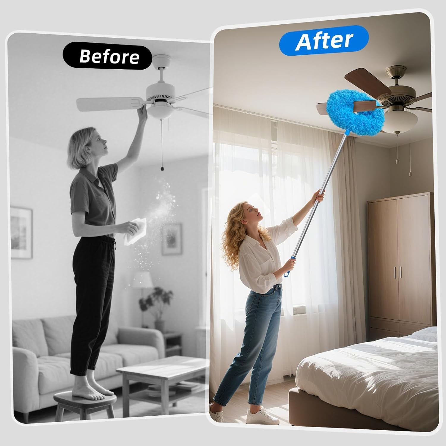 Ceiling Fan Cleaner Duster, Reusable Microfiber Duster with Extension Pole, 13 to 48 Inch Fan Blade Cleaner, Removable Dusters for Cleaning Walls Bookshelves Door Window Top (Blue)