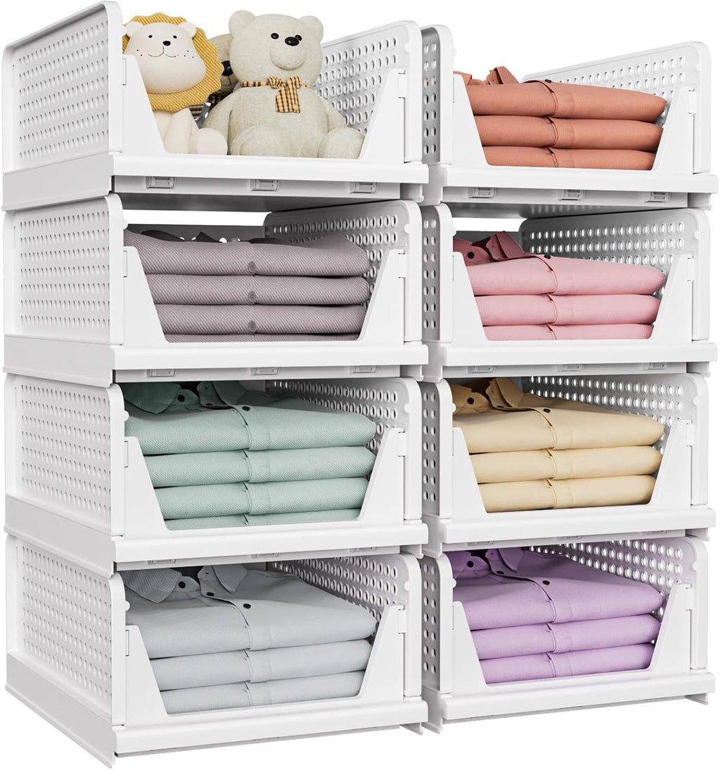 5 Pack Stackable Closet Storage Basket, Multifunctional & Foldable Closet Organizer for Bathroom Kitchen Laundry Room Wardrobe Storage, Space-Saving Clothes Storage Drawer Organizer, White