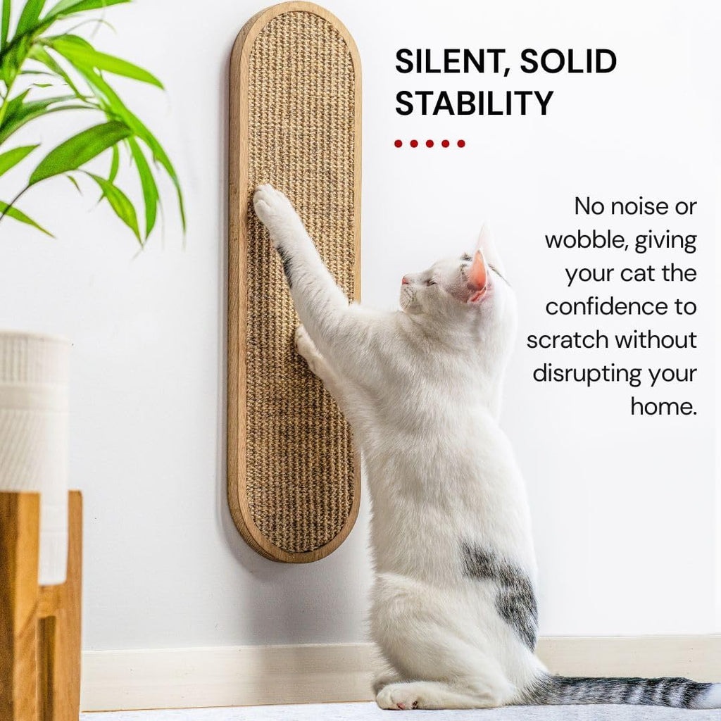 Indoor Cat Wall Scratcher — Multidirectional Sisal Scratch Pad & Board for Furniture Protection, Space-Saving Wall or Floor Use, Solid Rubberwood, All Breeds (Natural)