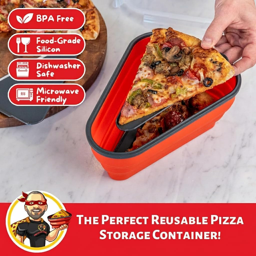 The Perfect ™ - Reusable Pizza Storage Container with 5 Microwavable Serving Trays - Bpa-Free Adjustable Pizza Slice Container to Organize & save Space, Red