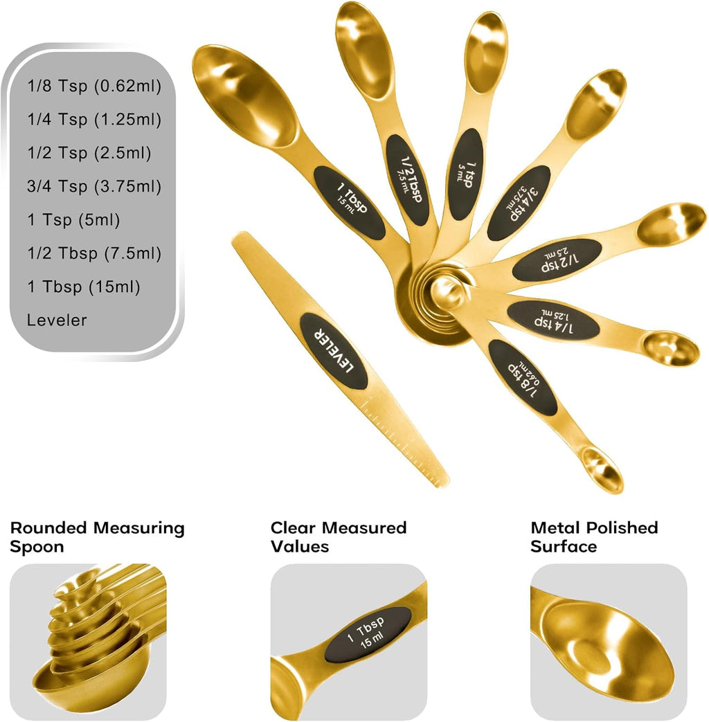 Magnetic Measuring Cups and Spoons Set, Including 7 Stainless Steel Nesting Gold Measuring Cups & 8 Magnetic Gold Measuring Spoons with 1 Leveler for Cooking & Baking