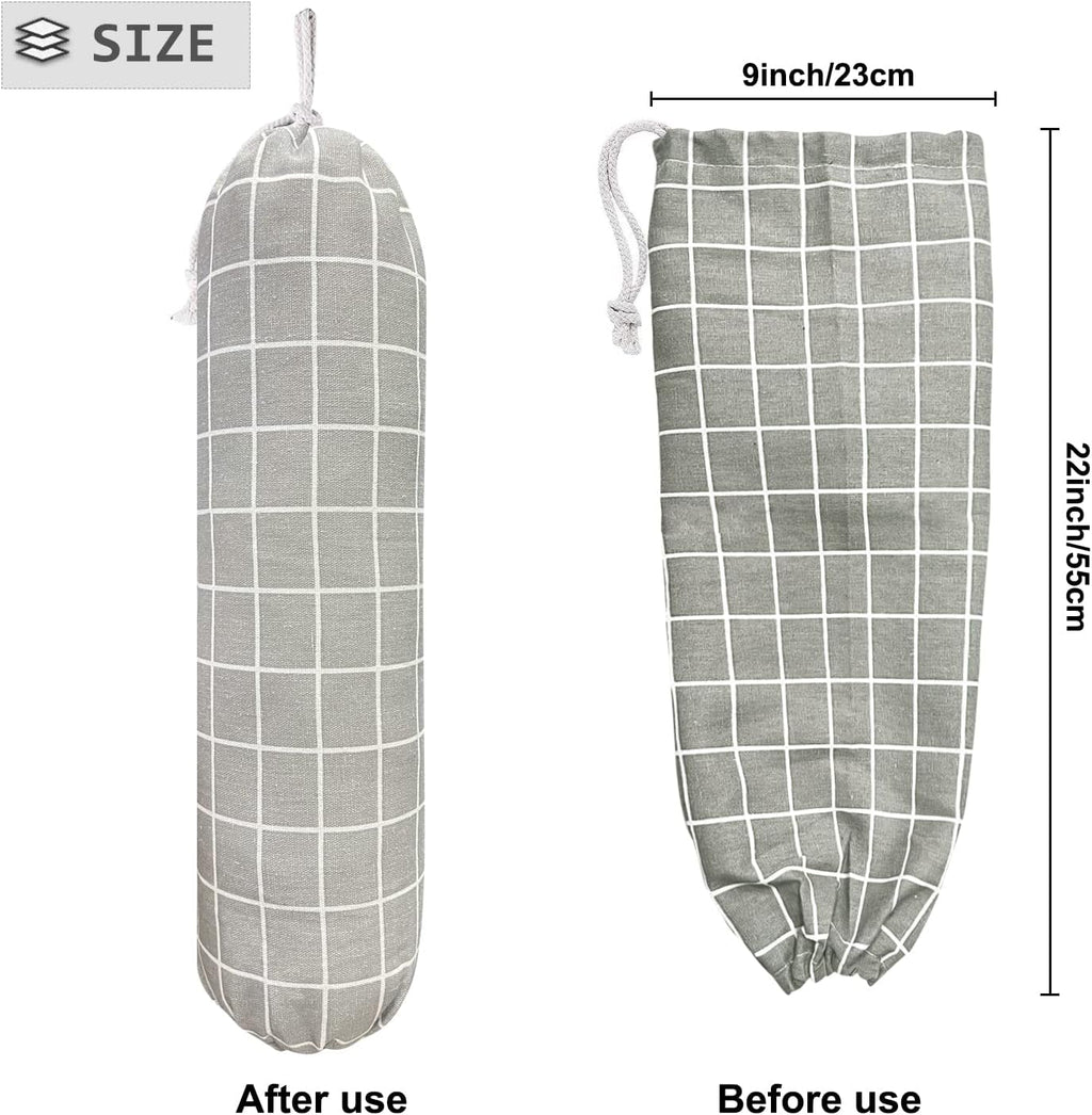 Plastic Bag Holder, Wall Mount Organizer, Shopping Bags Carrier, Washable Large Grocery Storage Dispenser For Home Kitchen Travelling, Free Adjustment with Drawstring (Check Gray)