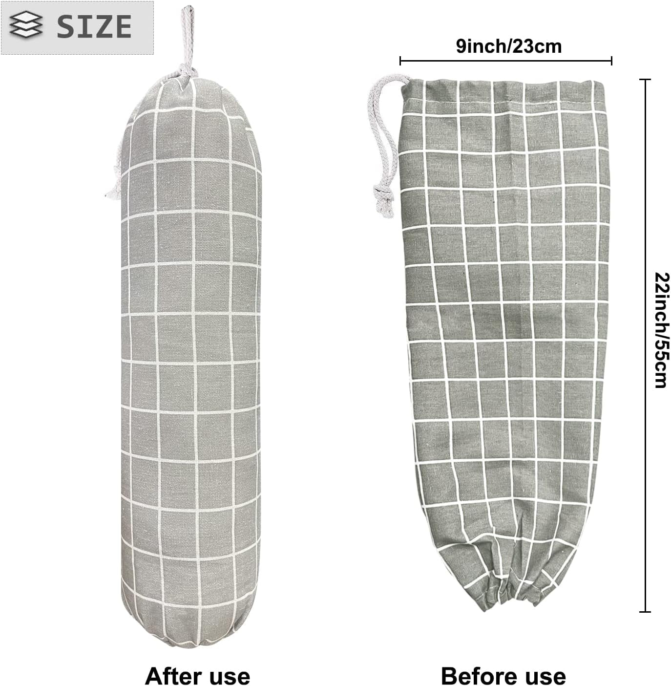 Plastic Bag Holder, Wall Mount Organizer, Shopping Bags Carrier, Washable Large Grocery Storage Dispenser For Home Kitchen Travelling, Free Adjustment with Drawstring (Check Gray)