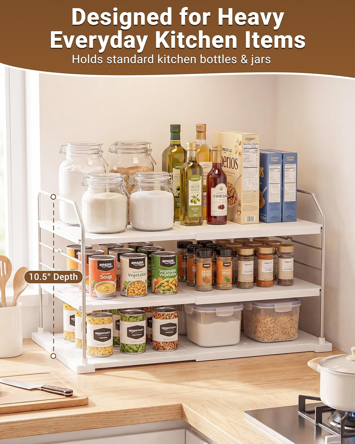 Extendable 3-Tier Kitchen Cabinet & Pantry Organizer for Plastic Wrap, Foil & Storage Bags, Adjustable Heavy Duty Shelf Rack for Wrap Boxes, Jars & Snack Boxes (11–16.7 in Wide), Pack of 1