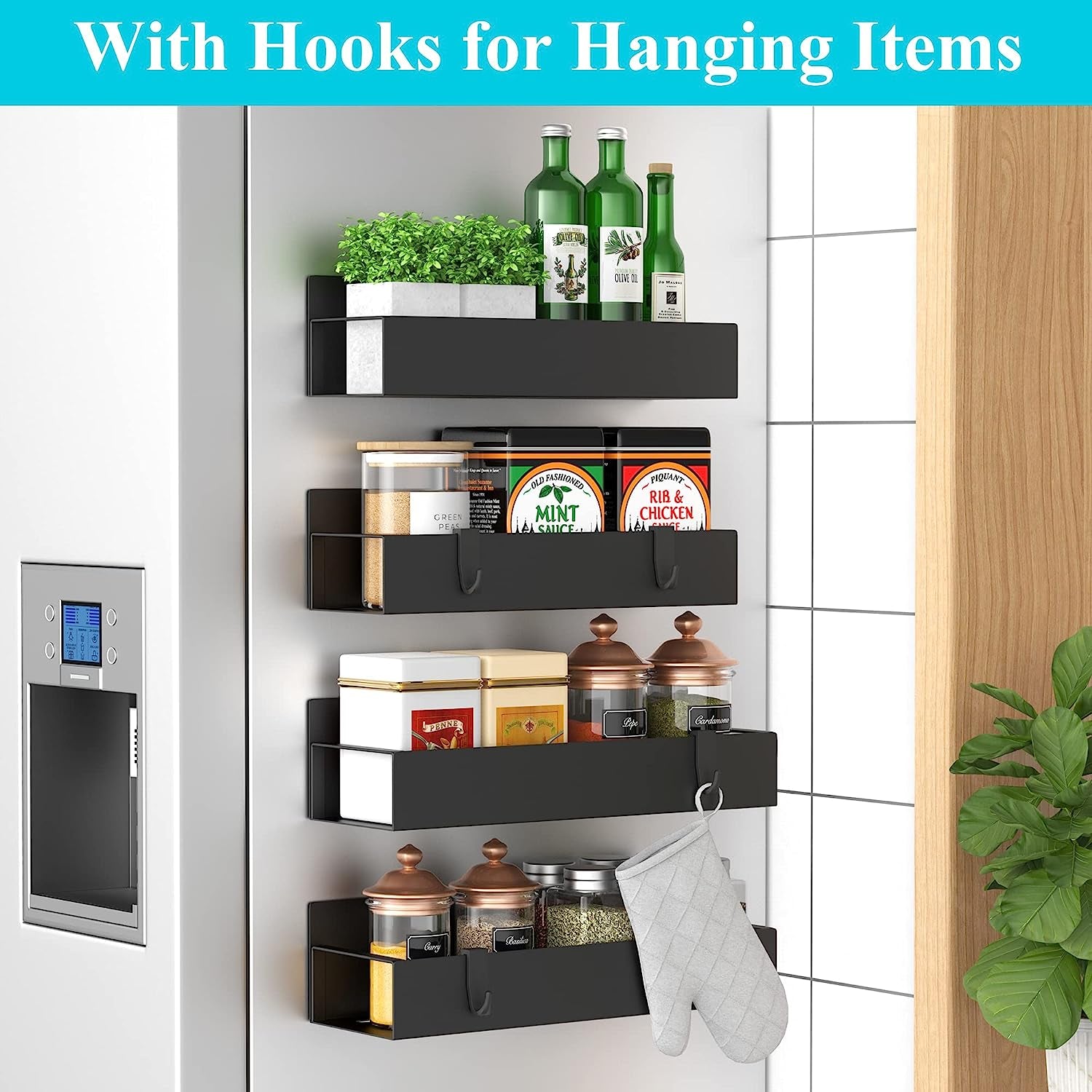 Metal 4 Pack Magnetic Spice Storage Rack Organizer for Refrigerator and Oven, Black Fridge Organizers and Storage, Metal