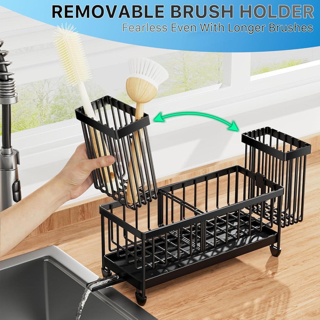 Sponge Holder for Kitchen Sink, Sink Caddy Organizer with High Brush Holder, Kitchen Countertop Organizers and Storage Essentials, Rustproof 304 Stainless Steel (Black, 9.25″)