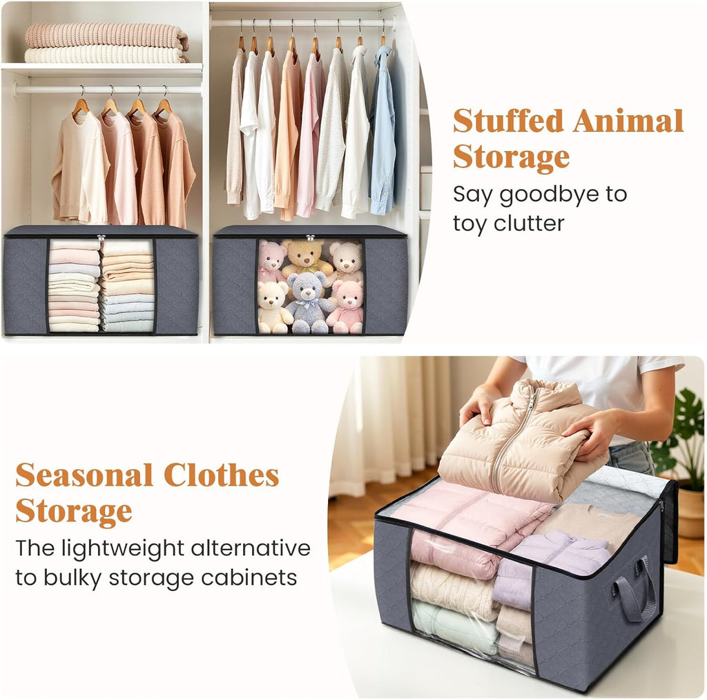 6 Pack Storage Bags for Clothes and Blanket, Foldable Closet Organizers and Storage with Zippers, Clear Window and Handles, Fabric Storage Bins for Sweater, Comforter, Bedding,Linen Sheets