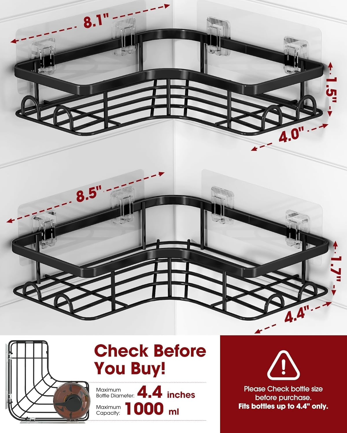 Corner Shower Caddy - 2 Pack, Adhesive Shower Organizers, Rustproof Stainless Steel Shower Shelves with 8 Hooks, No Drilling Bathroom Organizers and Storage Racks, Space-Saving, Black, Medium