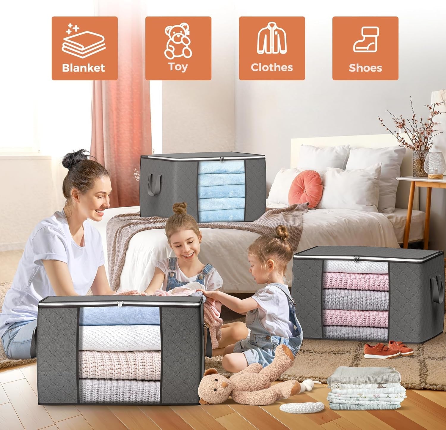 90L Large Storage Bags, 6 Pack Clothes Storage Bins Foldable Closet Organizers Storage Containers with Reinforced Handle for Clothing, Blanket, Comforters, Bed Sheets, Pillows and Toys (Gray)