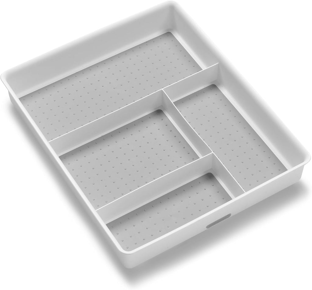 4 Compartment Drawer Organizer, Multi Purpose Storage for Utensils, Office Tools, Cords, & Small Household Items, Tech Accessories, Arts & Crafts Supplies, Non Slip Lining, White