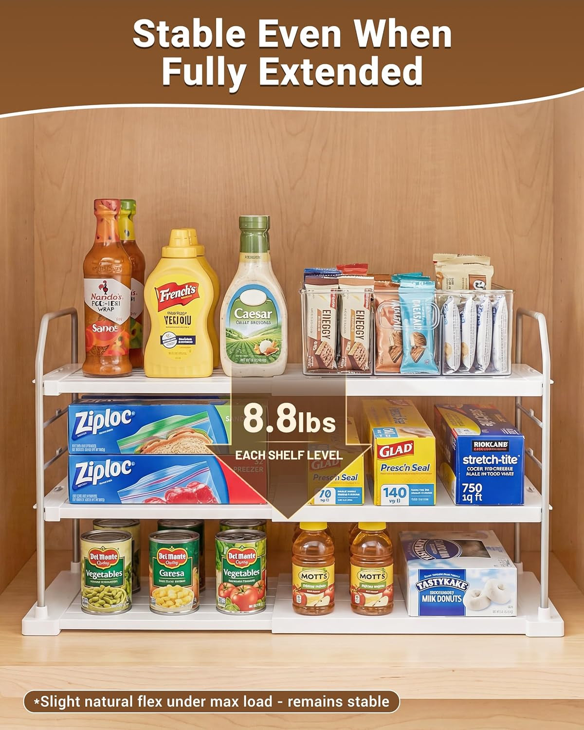 Extendable 3-Tier Kitchen Cabinet & Pantry Organizer for Plastic Wrap, Foil & Storage Bags, Adjustable Heavy Duty Shelf Rack for Wrap Boxes, Jars & Snack Boxes (11–16.7 in Wide), Pack of 1