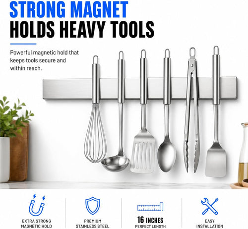 16 Inch Stainless Steel Magnetic Knife Bar with Multi-Purpose Functionality as a Knife Holder, Knife Strip, Magnetic Tool Organizer, Art Supply Organizer & Home Organizer