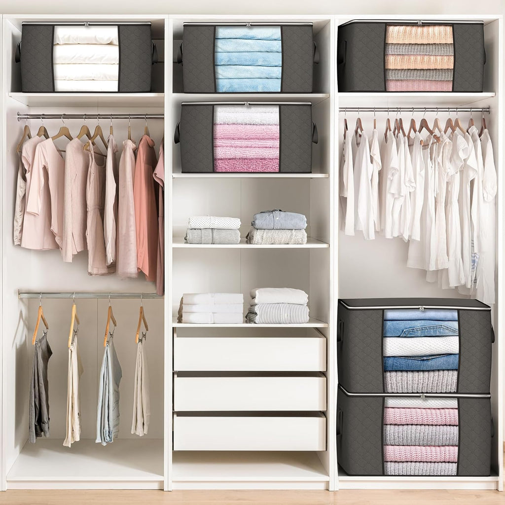 90L Large Storage Bags, 6 Pack Clothes Storage Bins Foldable Closet Organizers Storage Containers with Reinforced Handle for Clothing, Blanket, Comforters, Bed Sheets, Pillows and Toys (Gray)