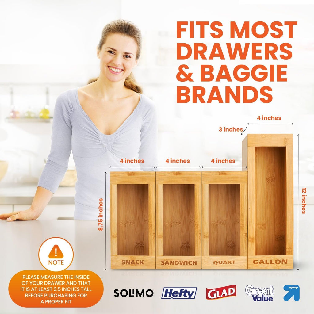 Mhomeaid Bag Storage Organizer - Bamboo Food Plastic Baggie Holder, Dispenser, and Container for Kitchen Drawer - Fits Ziplock and Ziploc Gallon, Quart, Sandwich & Snack Sized Slider Bags (Bamboo)