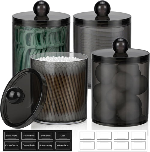 4 Pack Acrylic Qtip Holder Dispenser for Cotton Swabs, Balls, Pads, Floss Picks- Clear Acrylic Canister Apothecary Jar Set, Bathroom Essentials Accessories Decor Vanity Makeup Storage Organizer -Black