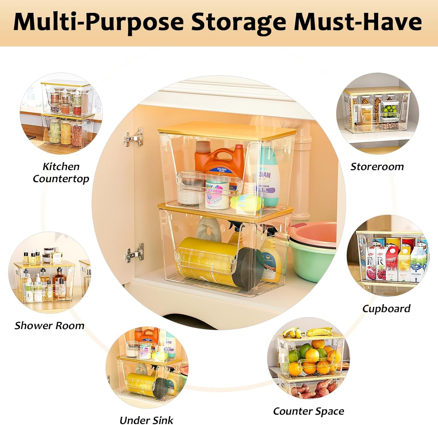 2 Set Pantry Organizers and Storage, Trash Bag Holder under Sink Organizer for 4-13 Gal Bags, Trash Bag Dispenser with Bamboo Top for Onion, Potato, Garlic, Clear (11-7/32"L*7" W*7-1/8"H)