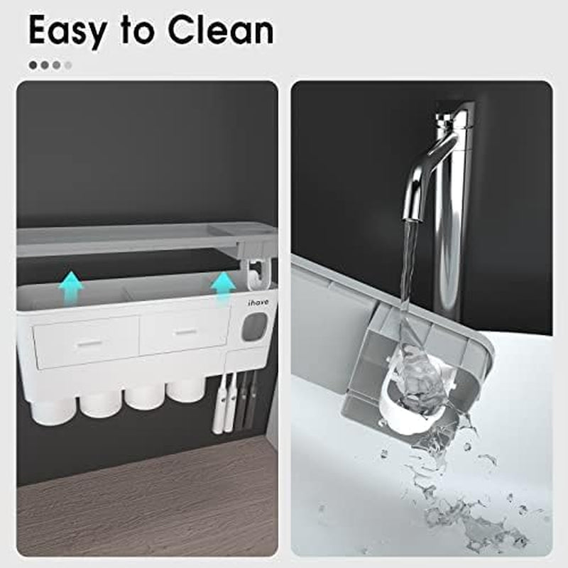 Toothbrush Holders for Bathrooms, 4 Cups Toothbrush Holder Wall Mounted with Toothpaste Dispenser - Large Capacity Tray, 2 Cosmetic Drawer - Bathroom Organizer & Bathroom Accessories Set