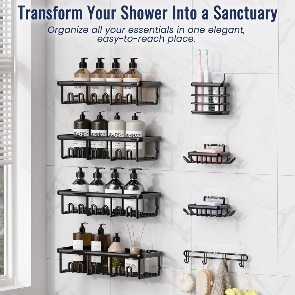 8 Pack Adhesive Rustproof Shower Caddy with Soap Dishes, Toothbrush Holder & Hooks, Large Capacity No-Drilling Shower Shelves Rack for Bathroom Organizers and Storage Accessories, Black
