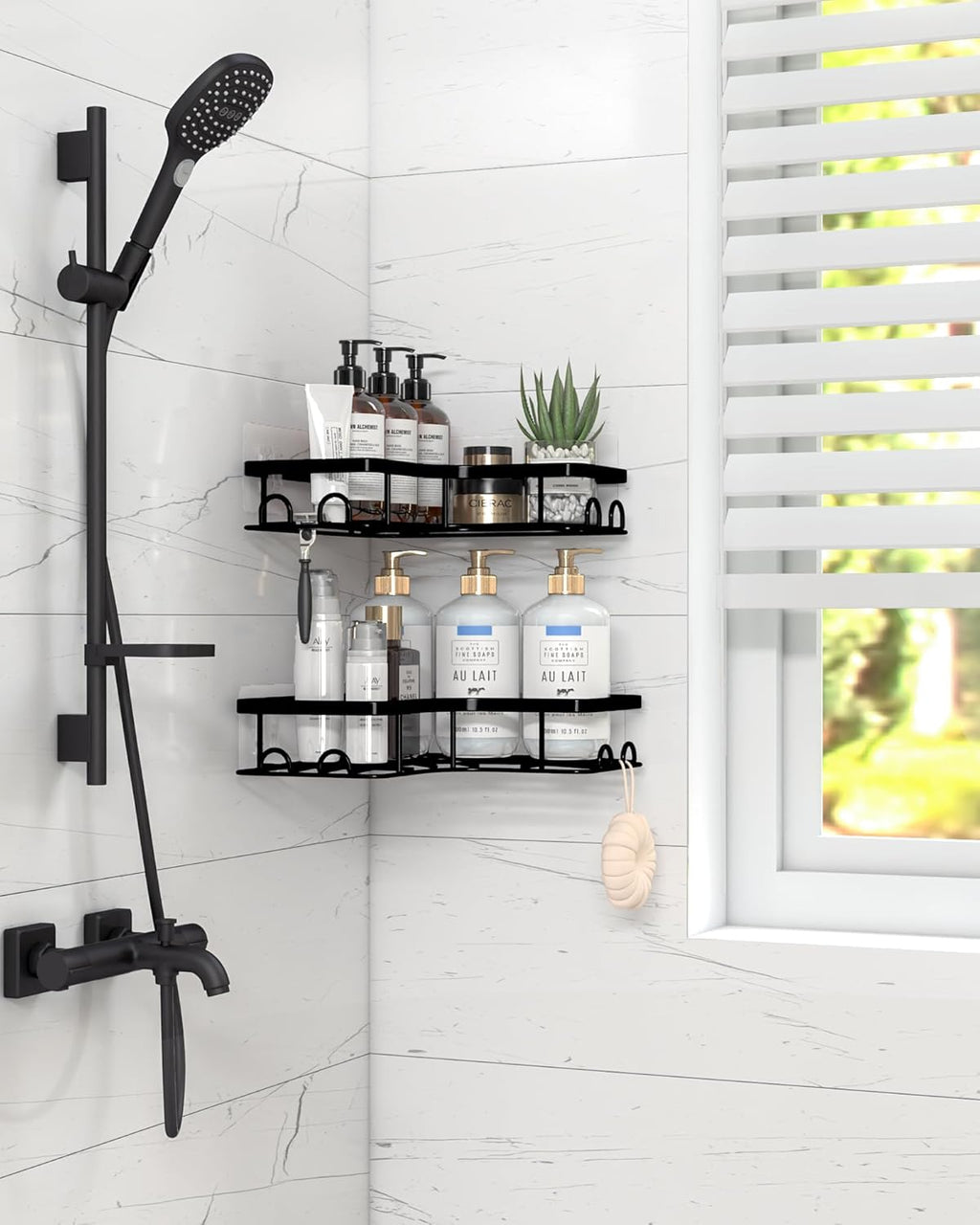 Corner Shower Caddy - 2 Pack, Adhesive Shower Organizers, Rustproof Stainless Steel Shower Shelves with 8 Hooks, No Drilling Bathroom Organizers and Storage Racks, Space-Saving, Black, Medium