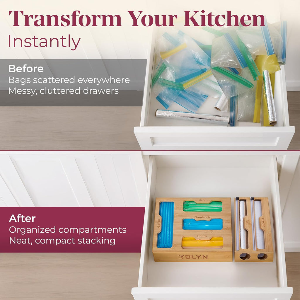 Bamboo Food Storage Bag Organizer for Drawer with Foil & Plastic Wrap Dispenser – 4 in 1 Premium Kitchen Drawer Organizer for Gallon, Quart & Sandwich Bags