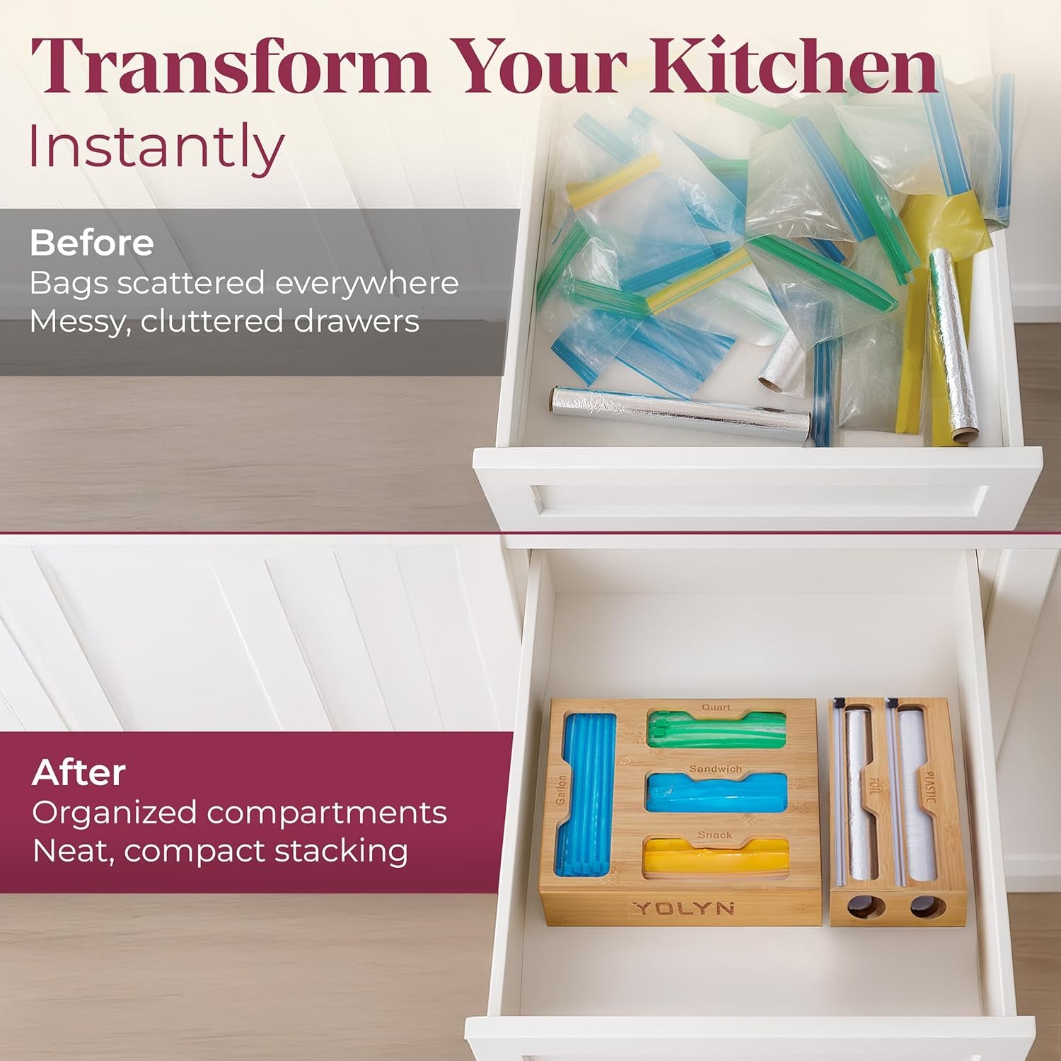 Bamboo Food Storage Bag Organizer for Drawer with Foil & Plastic Wrap Dispenser – 4 in 1 Premium Kitchen Drawer Organizer for Gallon, Quart & Sandwich Bags