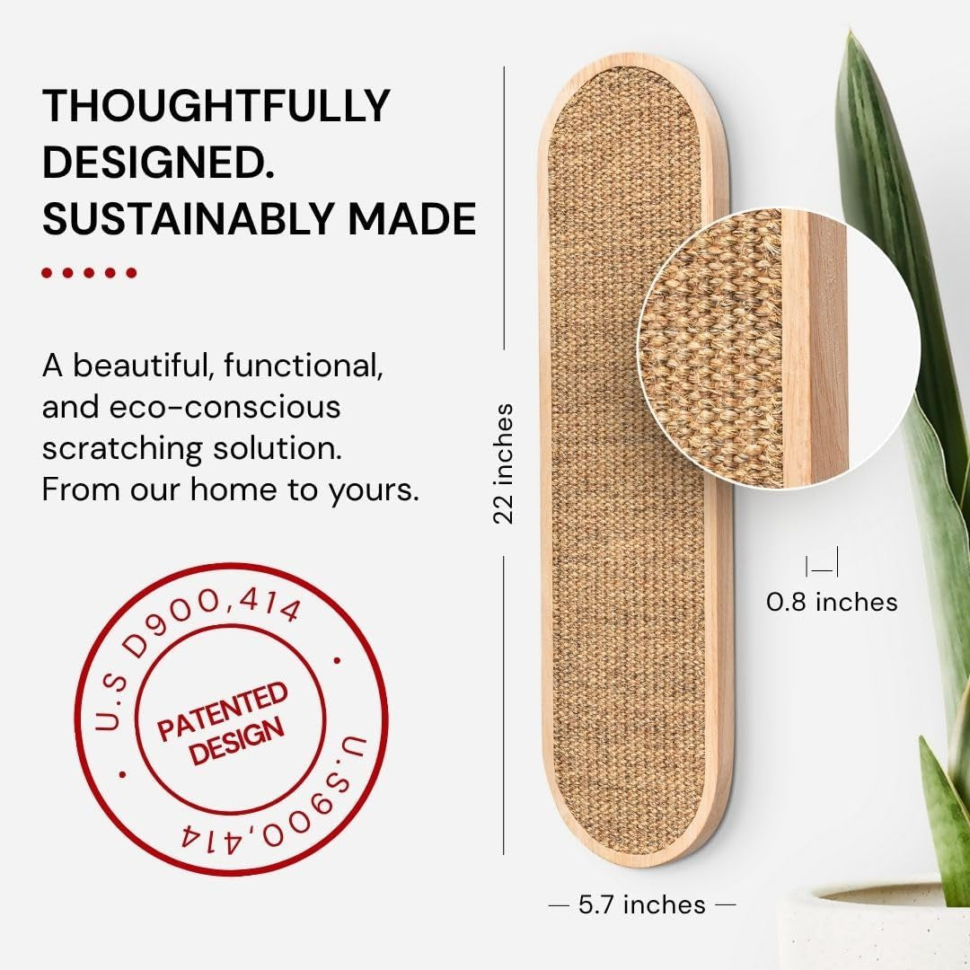 Indoor Cat Wall Scratcher — Multidirectional Sisal Scratch Pad & Board for Furniture Protection, Space-Saving Wall or Floor Use, Solid Rubberwood, All Breeds (Natural)