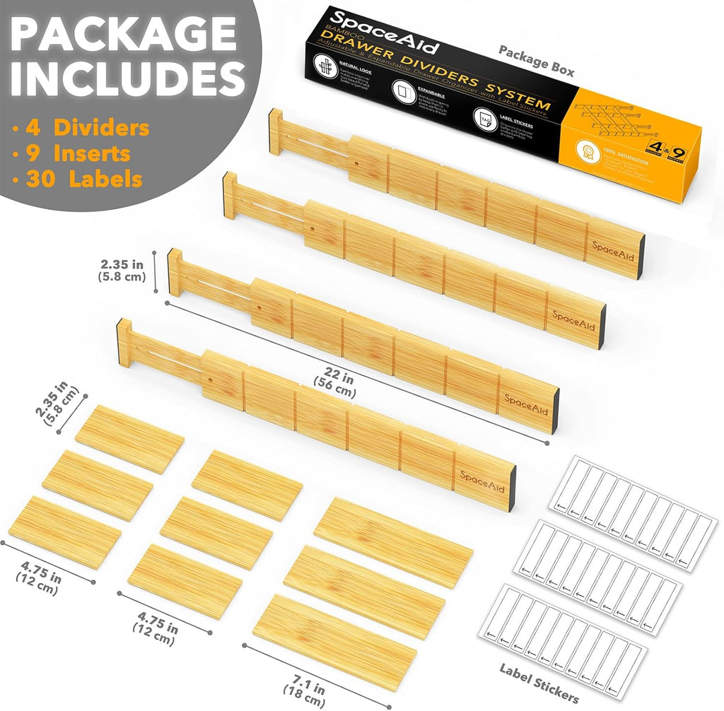 Bamboo Drawer Dividers with Inserts and Labels, Kitchen Adjustable Drawer Organizers, Expandable Organization for Home, Office, Dressers, 4 Dividers with 9 Inserts (17"-22" Natural)