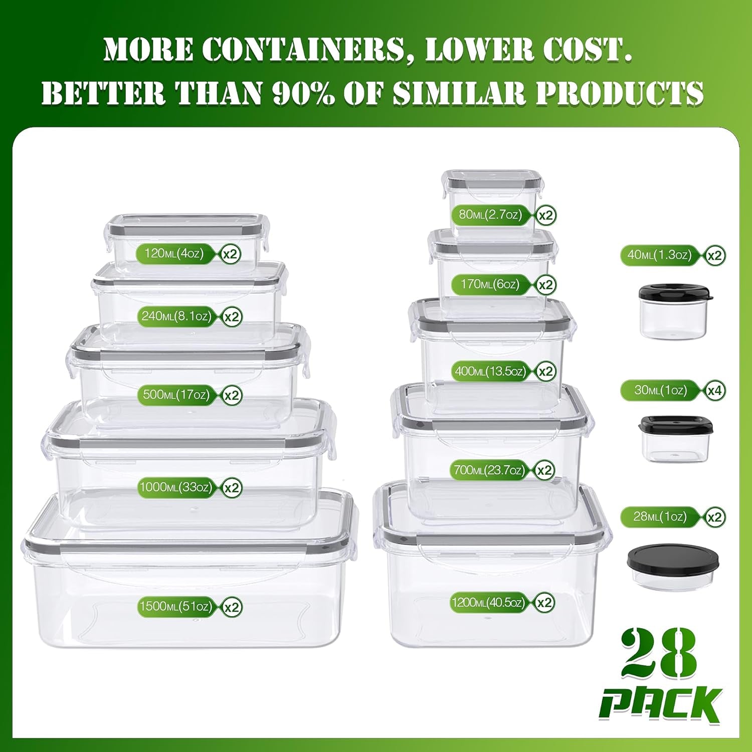 56 PCS Food Storage Containers with Lids Airtight- Plastic Container for Pantry Kitchen Organization-Microwave Dishwasher,Freezer Safe 100% Leak Proof (28 Stackable Boxes-28 Lids)