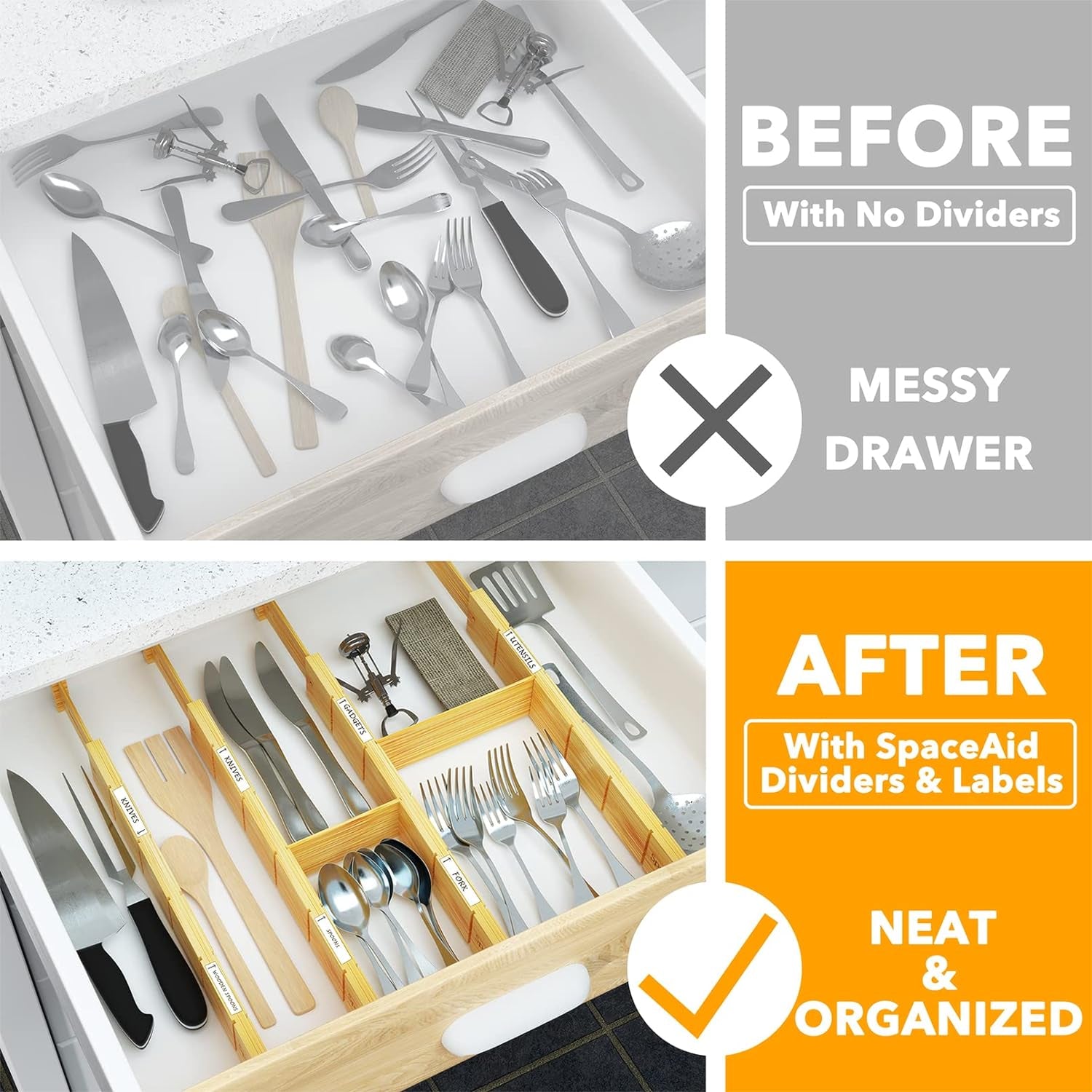 Bamboo Drawer Dividers with Inserts and Labels, Kitchen Adjustable Drawer Organizers, Expandable Organization for Home, Office, Dressers, 4 Dividers with 9 Inserts (17"-22" Natural)