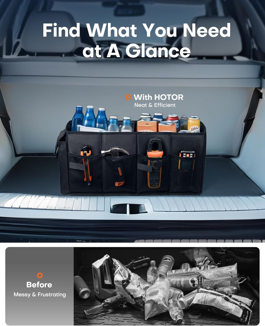 Trunk Organizer - Car Organizer, Foldable Trunk Organizer for Suvs & Sedans, Sturdy Car Organization for Car Accessories, Tools, Sundries, Black, 2 Compartments, 21.3"×12.6"×10.6"