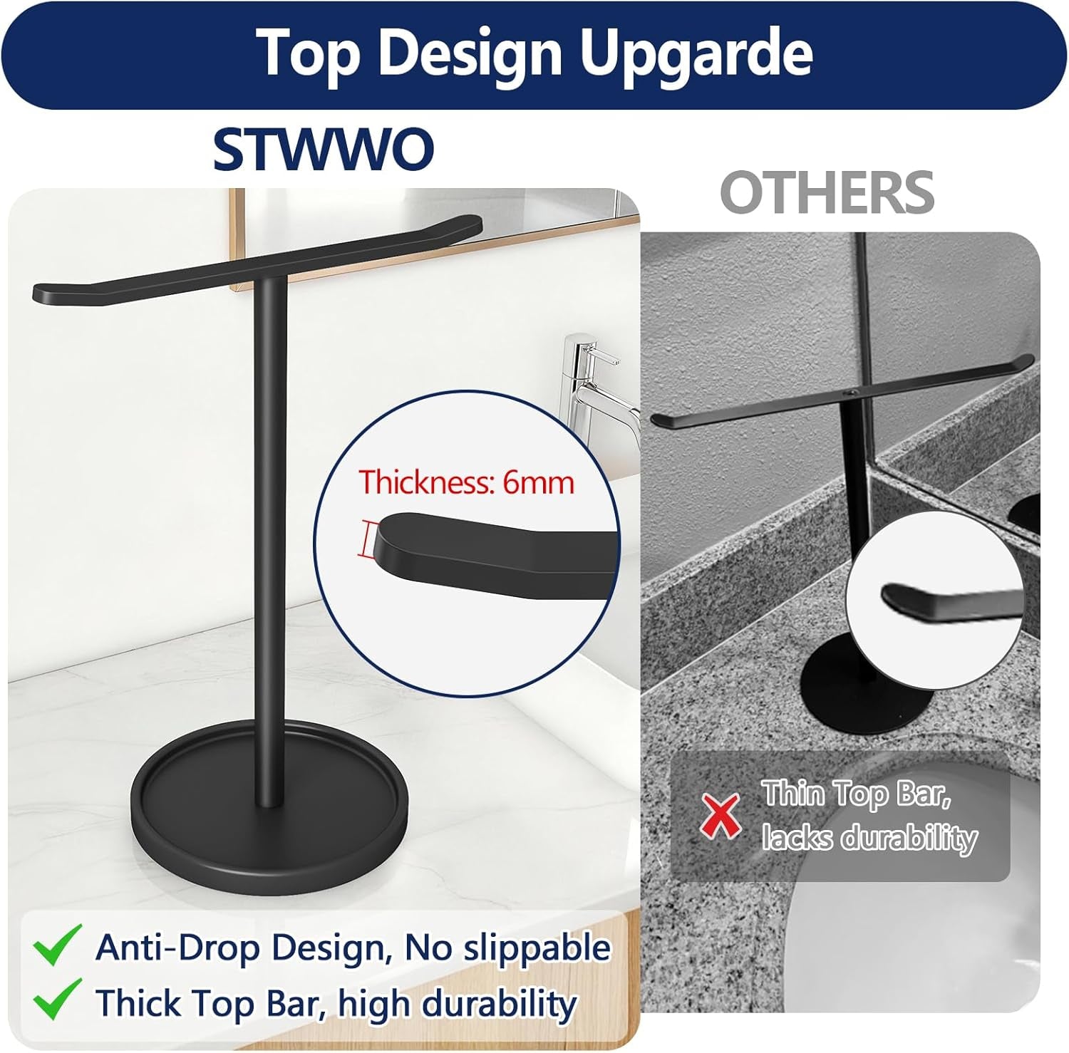 Hand Towel Holder, Stainless Steel Towel Holder Stand for Bathroom, Kitchen Countertop, T-Shaped Hand Towel Rack Stand, Black